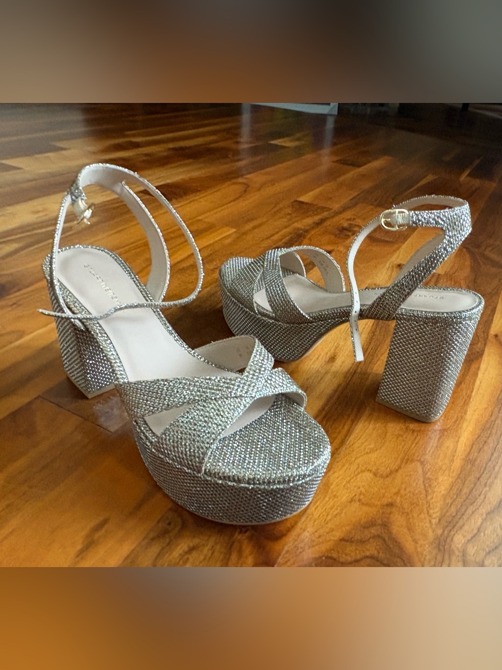 Stuart Weitzman Glittery Gold Dayna Platform Sandals with Ankle Strap, NEW